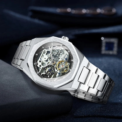 Forsining Lässige automatische mechanische Uhr für Herren, leuchtende Zeiger, Edelstahlarmband, modische Luxus-Skelett-Herrenuhren
