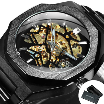 GEWINNER Schwarz Gold Skeleton Mechanische Uhren für Männer Mode unregelmäßige Automatische Uhr Luxus Marke Edelstahl Armband 2023