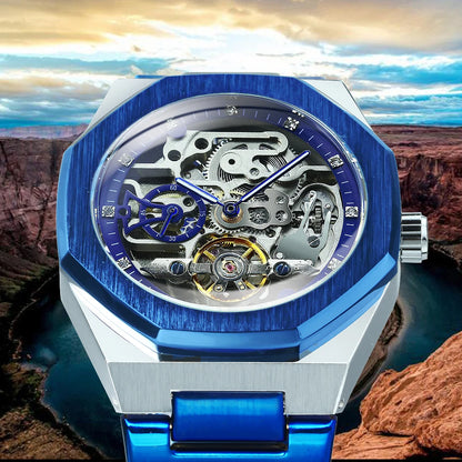 Forsining Lässige automatische mechanische Uhr für Herren, leuchtende Zeiger, Edelstahlarmband, modische Luxus-Skelett-Herrenuhren