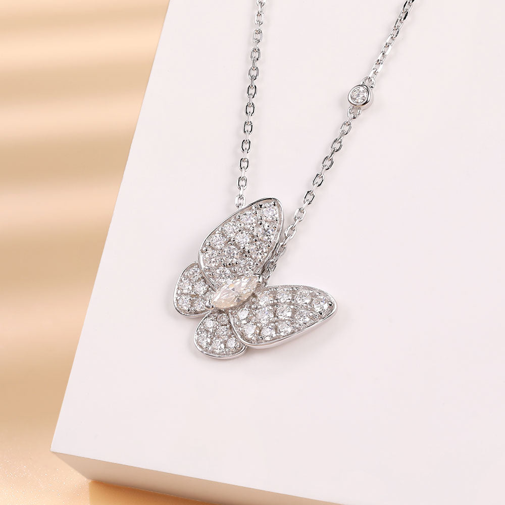 Moissanite Butterfly Marquise Cut Pendant Necklace, 18K White Gold Plated Adjustable Chain, 925 Sterling Silver Luxury Jewelry