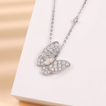 Moissanite Butterfly Marquise Cut Pendant Necklace, 18K White Gold Plated Adjustable Chain, 925 Sterling Silver Luxury Jewelry