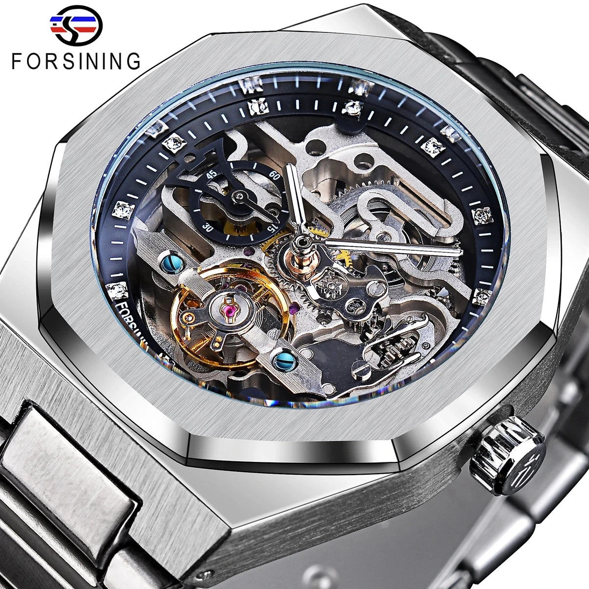 Forsining Lässige automatische mechanische Uhr für Herren, leuchtende Zeiger, Edelstahlarmband, modische Luxus-Skelett-Herrenuhren