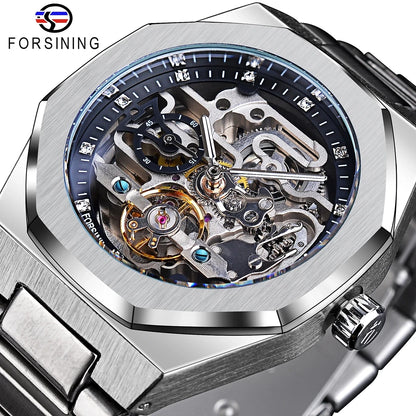 Forsining Lässige automatische mechanische Uhr für Herren, leuchtende Zeiger, Edelstahlarmband, modische Luxus-Skelett-Herrenuhren