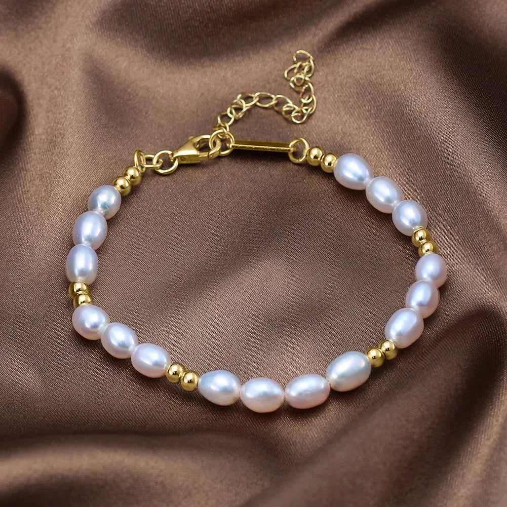 Orsa Jewels Elegant 14 Karat Gold Pearl Bracelet 925 Sterling Silver Freshwater Pearl Chain Bracelets for Women Party Jewelry gpb36