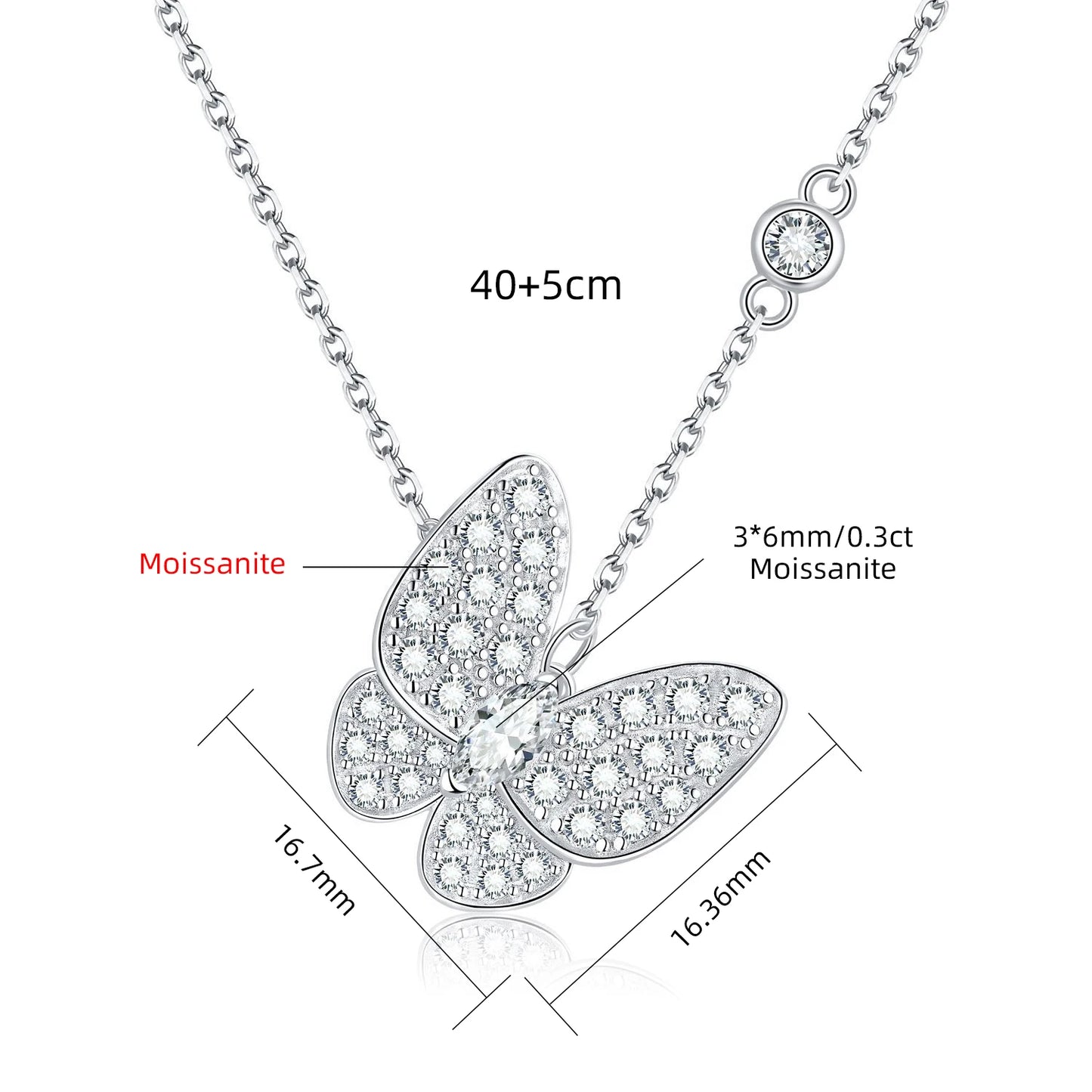 Moissanite Butterfly Marquise Cut Pendant Necklace, 18K White Gold Plated Adjustable Chain, 925 Sterling Silver Luxury Jewelry