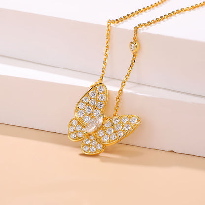 Moissanite Butterfly Marquise Cut Pendant Necklace, 18K White Gold Plated Adjustable Chain, 925 Sterling Silver Luxury Jewelry