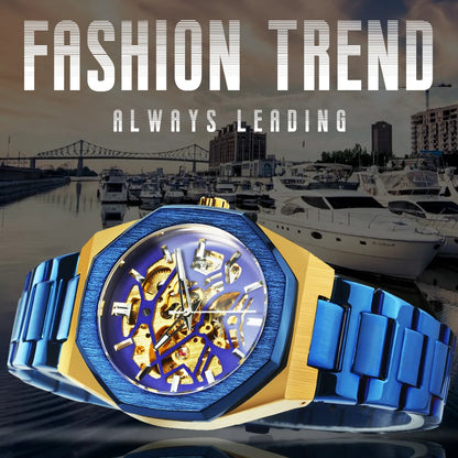 GEWINNER Schwarz Gold Skeleton Mechanische Uhren für Männer Mode unregelmäßige Automatische Uhr Luxus Marke Edelstahl Armband 2023