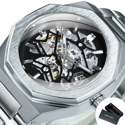 GEWINNER Schwarz Gold Skeleton Mechanische Uhren für Männer Mode unregelmäßige Automatische Uhr Luxus Marke Edelstahl Armband 2023