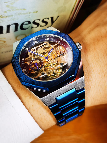 Forsining Lässige automatische mechanische Uhr für Herren, leuchtende Zeiger, Edelstahlarmband, modische Luxus-Skelett-Herrenuhren