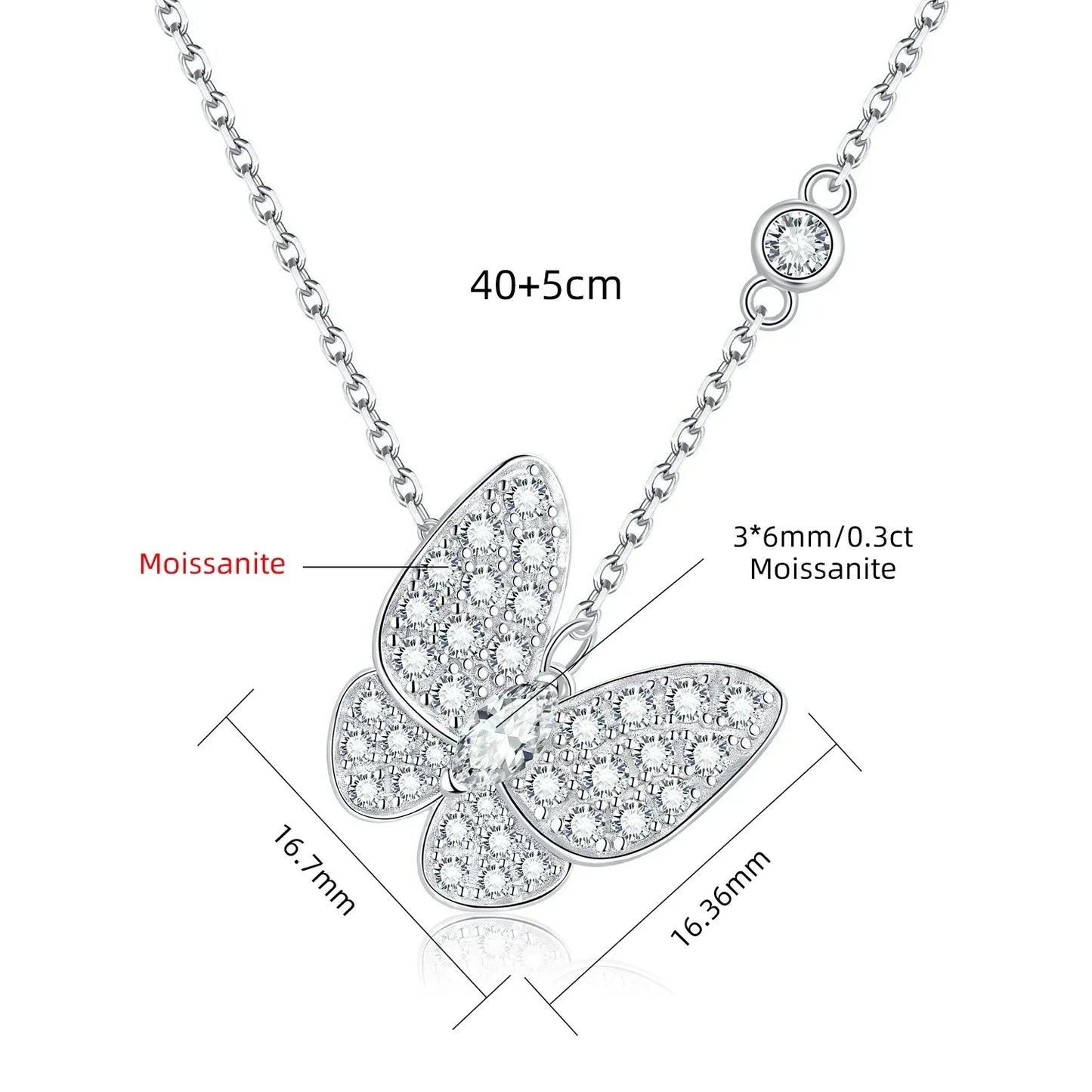 Moissanite Butterfly Marquise Cut Pendant Necklace, 18K White Gold Plated Adjustable Chain, 925 Sterling Silver Luxury Jewelry
