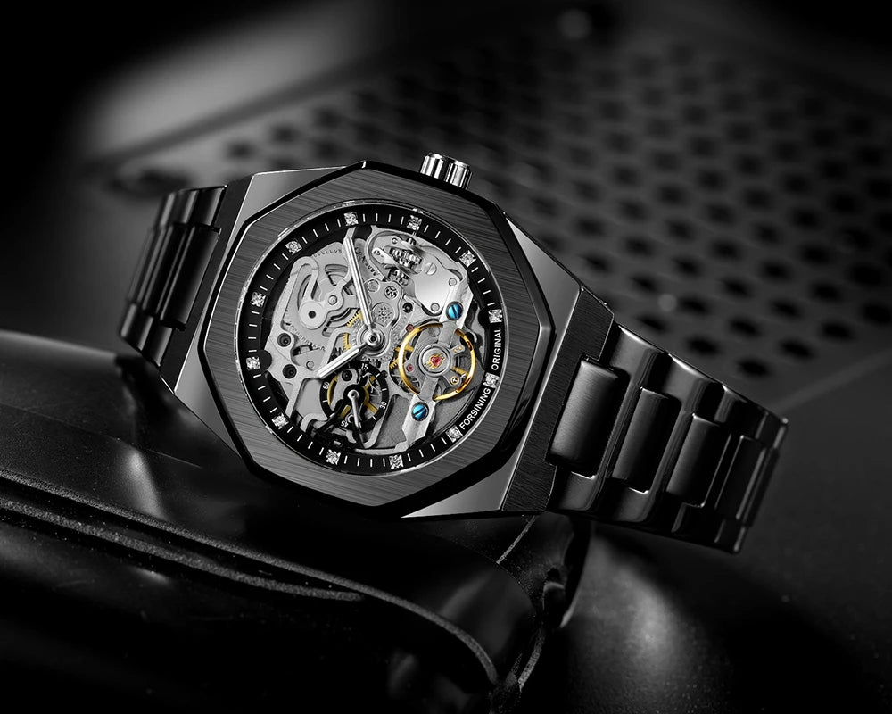 Forsining Lässige automatische mechanische Uhr für Herren, leuchtende Zeiger, Edelstahlarmband, modische Luxus-Skelett-Herrenuhren