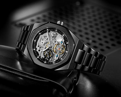 Forsining Lässige automatische mechanische Uhr für Herren, leuchtende Zeiger, Edelstahlarmband, modische Luxus-Skelett-Herrenuhren