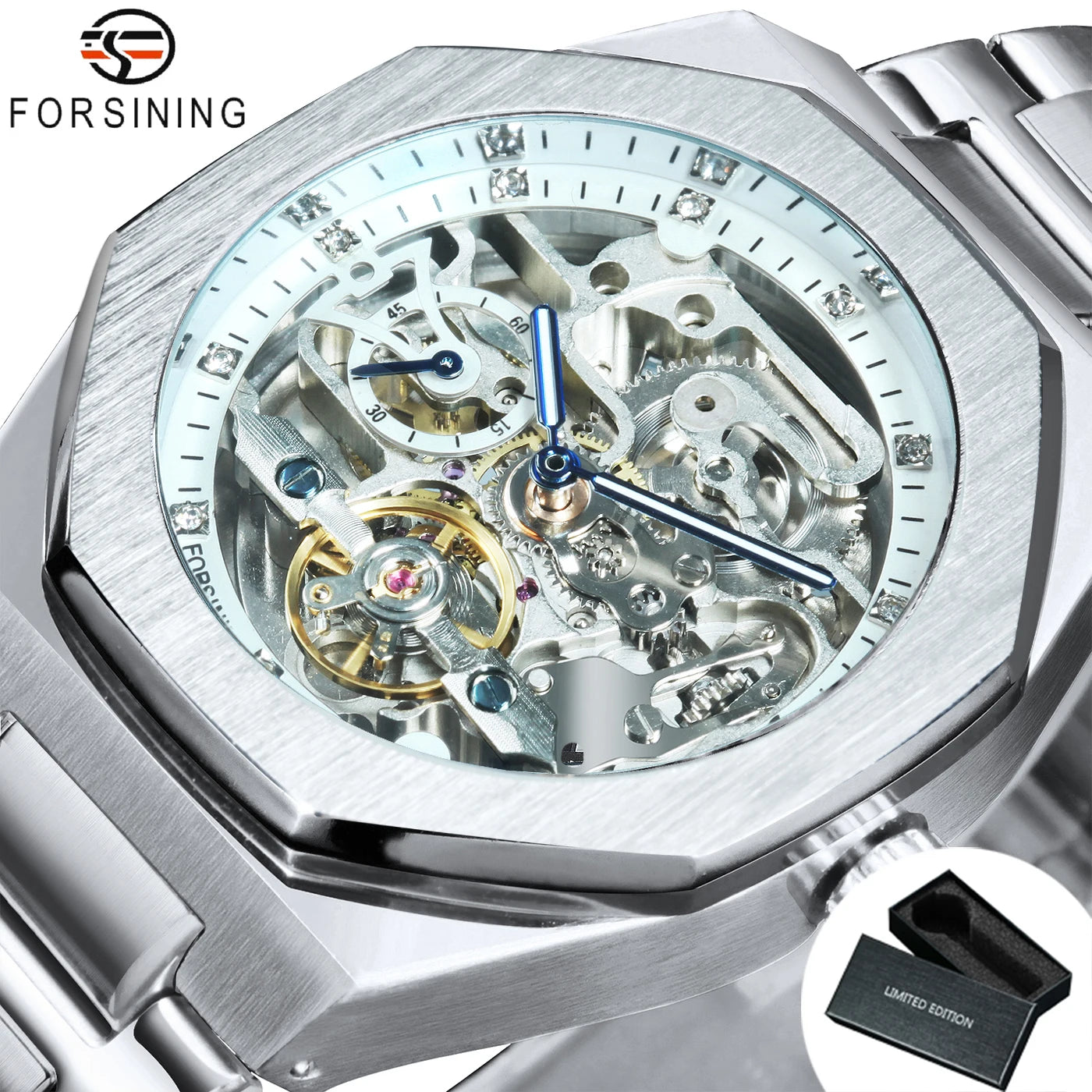 Forsining Lässige automatische mechanische Uhr für Herren, leuchtende Zeiger, Edelstahlarmband, modische Luxus-Skelett-Herrenuhren