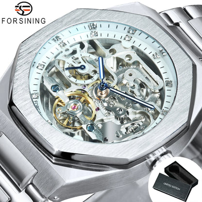 Forsining Lässige automatische mechanische Uhr für Herren, leuchtende Zeiger, Edelstahlarmband, modische Luxus-Skelett-Herrenuhren