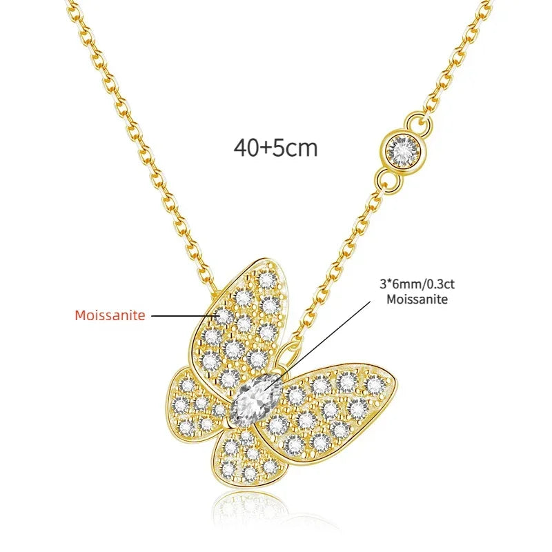 Moissanite Butterfly Marquise Cut Pendant Necklace, 18K White Gold Plated Adjustable Chain, 925 Sterling Silver Luxury Jewelry