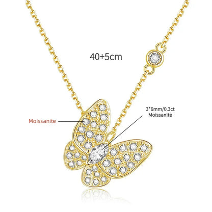 Moissanite Butterfly Marquise Cut Pendant Necklace, 18K White Gold Plated Adjustable Chain, 925 Sterling Silver Luxury Jewelry