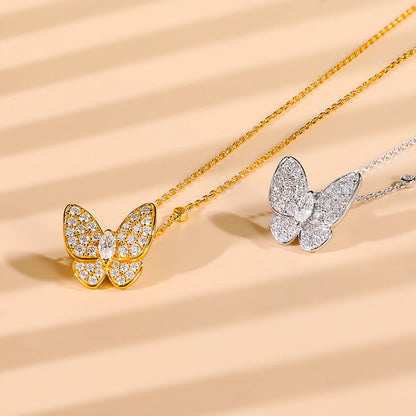 Moissanite Butterfly Marquise Cut Pendant Necklace, 18K White Gold Plated Adjustable Chain, 925 Sterling Silver Luxury Jewelry