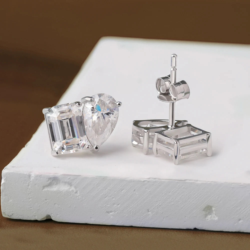 4cttw Smaragd- und Birnenschliff-Moissanit-Diamantohrringe für Frauen, GRA-zertifizierter S925-Sterlingsilber-Ohrstecker mit zwei Steinen, Schmuck