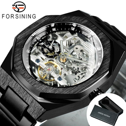 Forsining Lässige automatische mechanische Uhr für Herren, leuchtende Zeiger, Edelstahlarmband, modische Luxus-Skelett-Herrenuhren