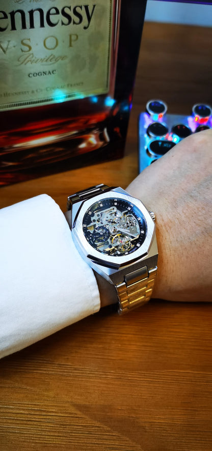 Forsining Lässige automatische mechanische Uhr für Herren, leuchtende Zeiger, Edelstahlarmband, modische Luxus-Skelett-Herrenuhren