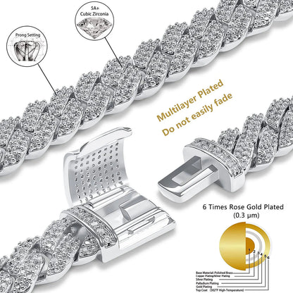 Iced Out 10-20mm Men's Miami Cuban Link Necklace Hip Hop CZ Zirconia Bling Prong Cuban Chain