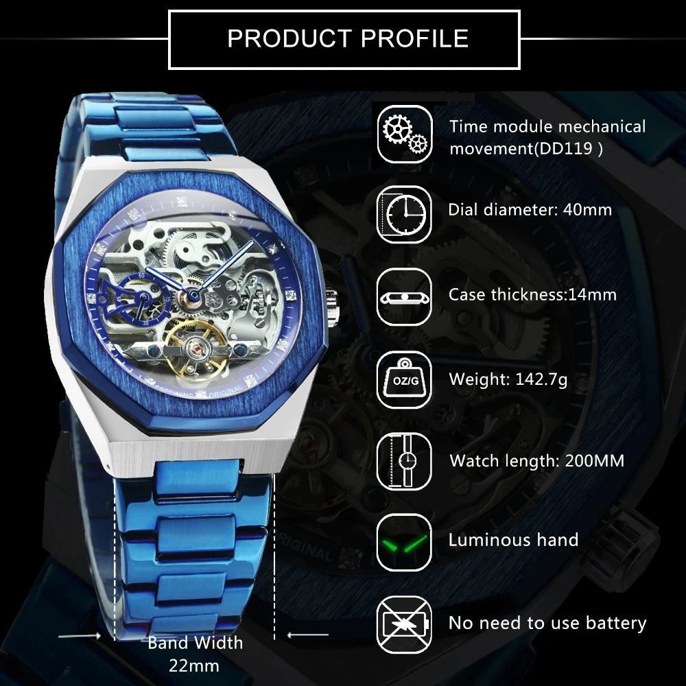 Forsining Lässige automatische mechanische Uhr für Herren, leuchtende Zeiger, Edelstahlarmband, modische Luxus-Skelett-Herrenuhren