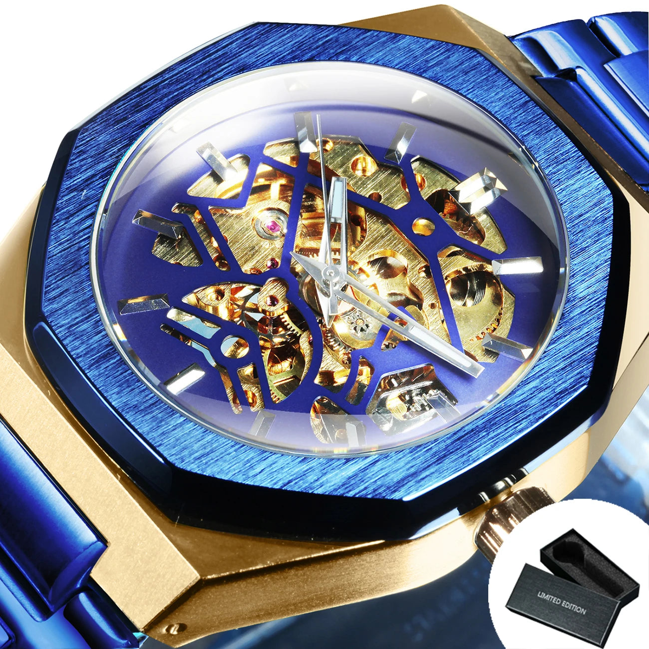 GEWINNER Schwarz Gold Skeleton Mechanische Uhren für Männer Mode unregelmäßige Automatische Uhr Luxus Marke Edelstahl Armband 2023