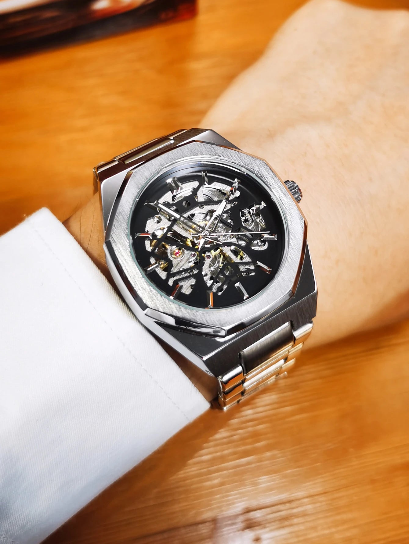 GEWINNER Schwarz Gold Skeleton Mechanische Uhren für Männer Mode unregelmäßige Automatische Uhr Luxus Marke Edelstahl Armband 2023