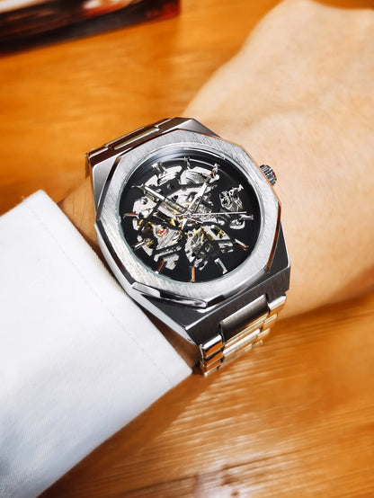 GEWINNER Schwarz Gold Skeleton Mechanische Uhren für Männer Mode unregelmäßige Automatische Uhr Luxus Marke Edelstahl Armband 2023