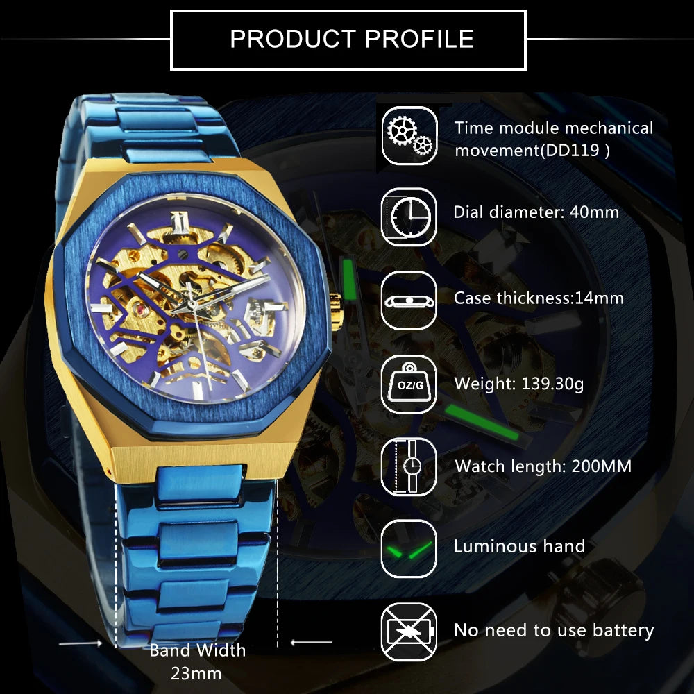 GEWINNER Schwarz Gold Skeleton Mechanische Uhren für Männer Mode unregelmäßige Automatische Uhr Luxus Marke Edelstahl Armband 2023