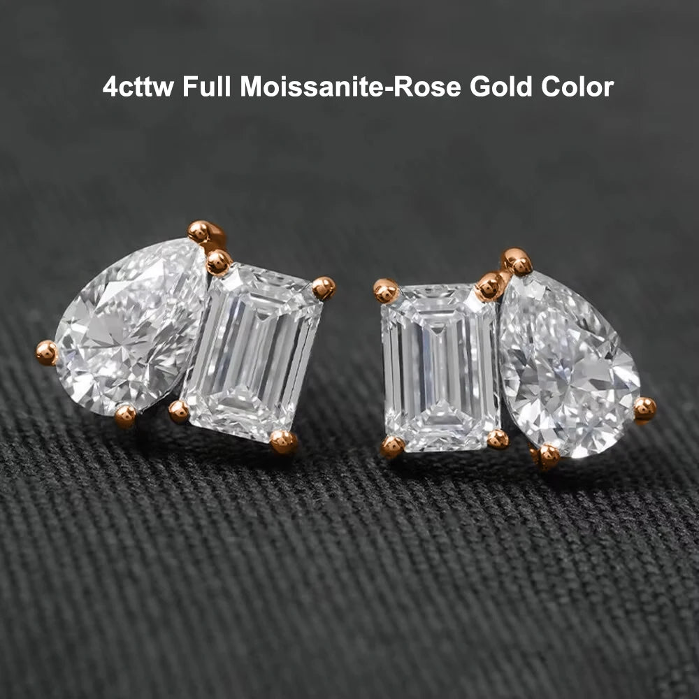 4cttw Smaragd- und Birnenschliff-Moissanit-Diamantohrringe für Frauen, GRA-zertifizierter S925-Sterlingsilber-Ohrstecker mit zwei Steinen, Schmuck