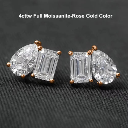 4cttw Smaragd- und Birnenschliff-Moissanit-Diamantohrringe für Frauen, GRA-zertifizierter S925-Sterlingsilber-Ohrstecker mit zwei Steinen, Schmuck