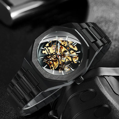 GEWINNER Schwarz Gold Skeleton Mechanische Uhren für Männer Mode unregelmäßige Automatische Uhr Luxus Marke Edelstahl Armband 2023