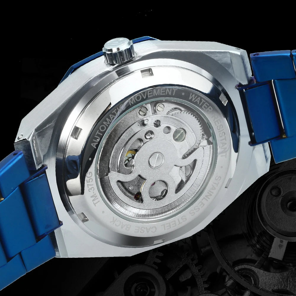 Forsining Lässige automatische mechanische Uhr für Herren, leuchtende Zeiger, Edelstahlarmband, modische Luxus-Skelett-Herrenuhren
