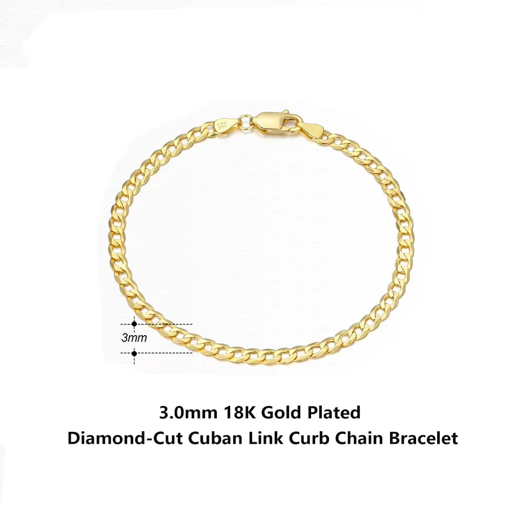 Rinntin 18 Karat Gold über 925er Sterlingsilber, 3 mm, italienisches kubanisches Kettenarmband für Damen und Herren, trendiges Silberarmband, Schmuck SB123