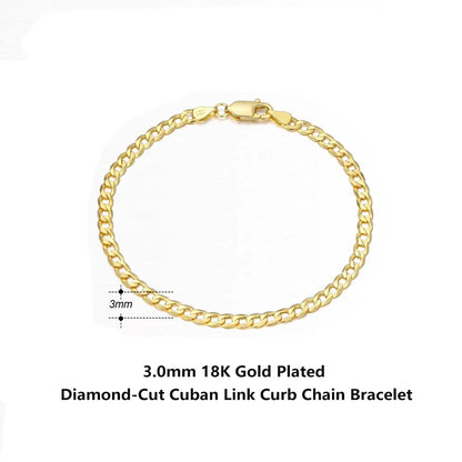 Rinntin 18 Karat Gold über 925er Sterlingsilber, 3 mm, italienisches kubanisches Kettenarmband für Damen und Herren, trendiges Silberarmband, Schmuck SB123